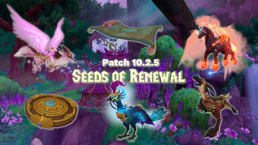 A background image of Bel'ameth, the new night elf settlement at Amirrdrassil. In front is a montage of 6 new mounts coming in 10.2.5. Top row, left to right: the Fur-endship Fox - a pink, winged flying fox; the Noble Flying Carpet - a green flying carpet with bronze patterning, pink flower embroidery and a little pink duck plushie by its pillow; and the Fiery Hearthsteed - a dark stony pegasus mount with transparent, bright red wings and mane. Bottom row, left to right: the Compass Rose - a brass-coloured flying disc with a bluue-spiral Hearthstone logo pattern in the centre; the Majestic Azure Peafowl - magnificent blue peacock with brass breastplate, and helmet with a feathery purple plume; and the Clayscale Hornstrider - a ruddy brown tallstrider with leathery skin, small wyvern-like wings, a heavy black beak, and pointy black, backward-pointing horns.